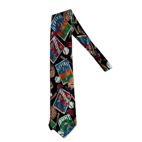 Vintage 1992 Baseball Addiction 100% Silk Black Men Tie - Picture 2 of 9